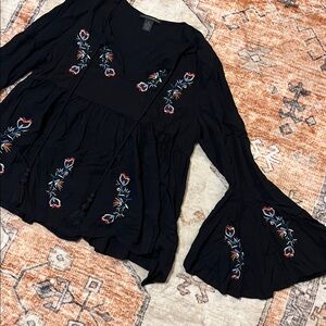 Grace Elements Black Boho Embroidered Bell Sleeve Top